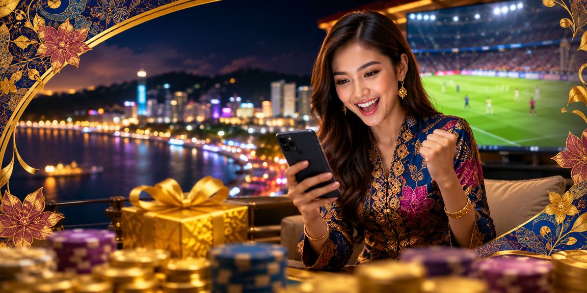 Pemain menggunakan telefon mudah alih untuk bermain kasino dalam talian dengan motif batik Malaysia